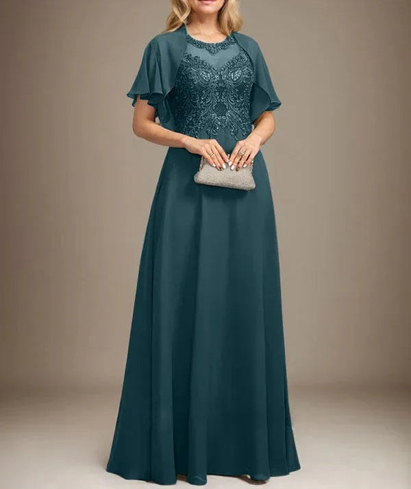 A-line Scoop Illusion Floor-Length Lace Chiffon Mother of the Bride Dress With Sequins