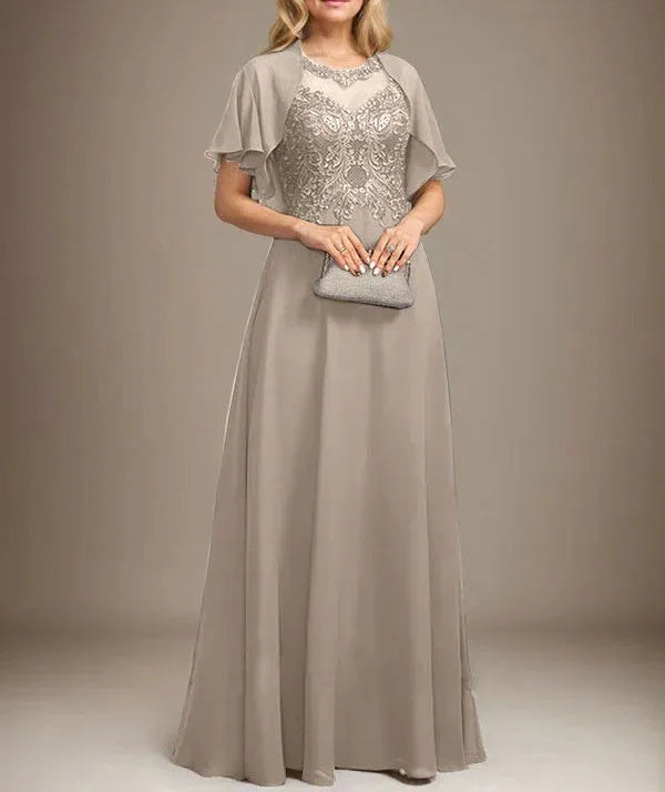 A-line Scoop Illusion Floor-Length Lace Chiffon Mother of the Bride Dress With Sequins