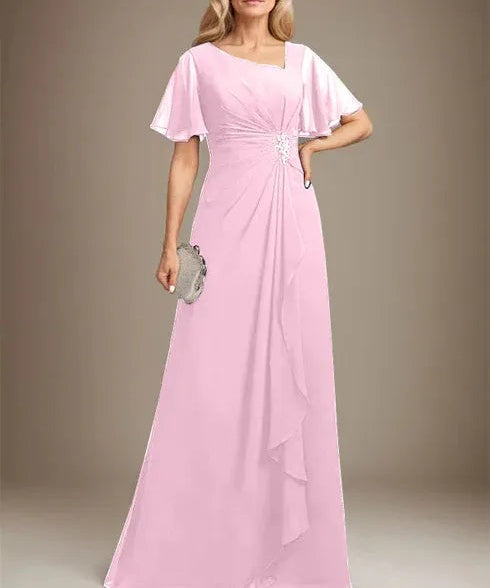 A-line Asymmetrical Floor-Length Chiffon Mother of the Bride Dress With Pleated Beading Sequins