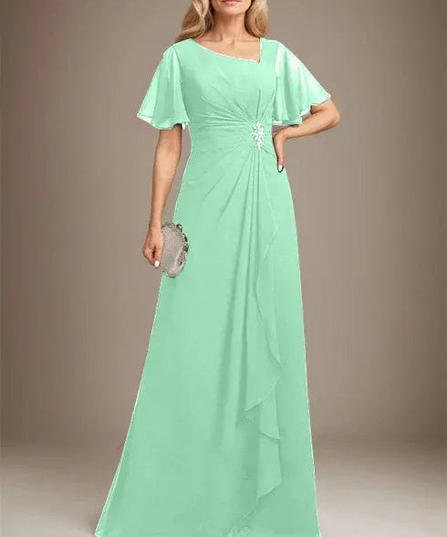 A-line Asymmetrical Floor-Length Chiffon Mother of the Bride Dress With Pleated Beading Sequins