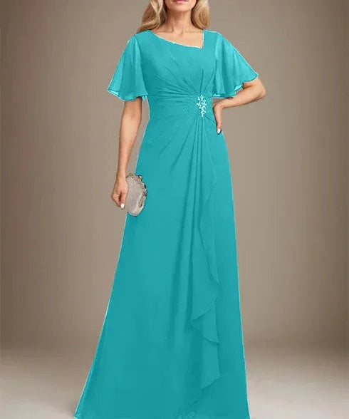 A-line Asymmetrical Floor-Length Chiffon Mother of the Bride Dress With Pleated Beading Sequins
