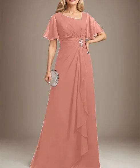A-line Asymmetrical Floor-Length Chiffon Mother of the Bride Dress With Pleated Beading Sequins