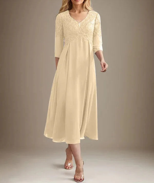 A-line V-Neck Tea-Length Chiffon Lace Mother of the Bride Dress With Beading
