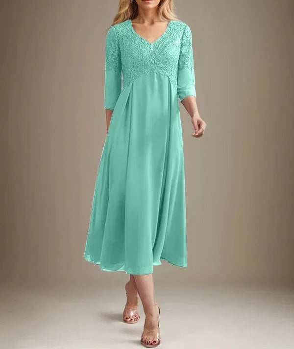 A-line V-Neck Tea-Length Chiffon Lace Mother of the Bride Dress With Beading