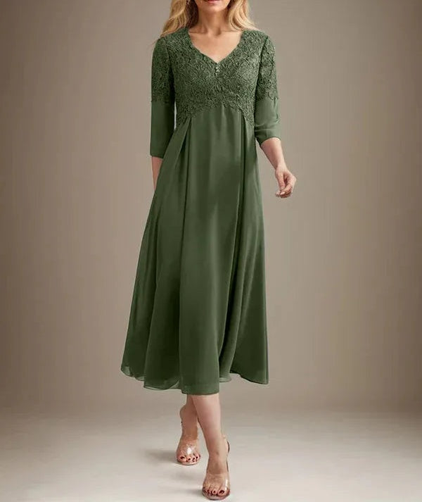 A-line V-Neck Tea-Length Chiffon Lace Mother of the Bride Dress With Beading