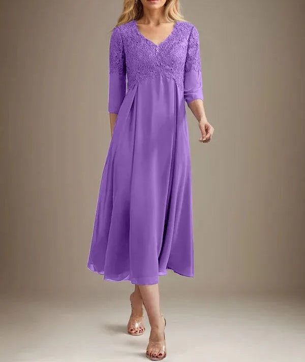 A-line V-Neck Tea-Length Chiffon Lace Mother of the Bride Dress With Beading