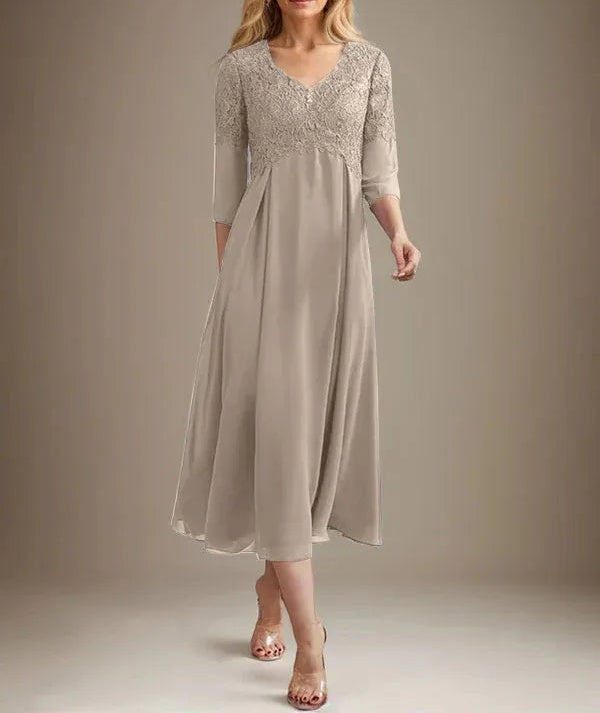 A-line V-Neck Tea-Length Chiffon Lace Mother of the Bride Dress With Beading