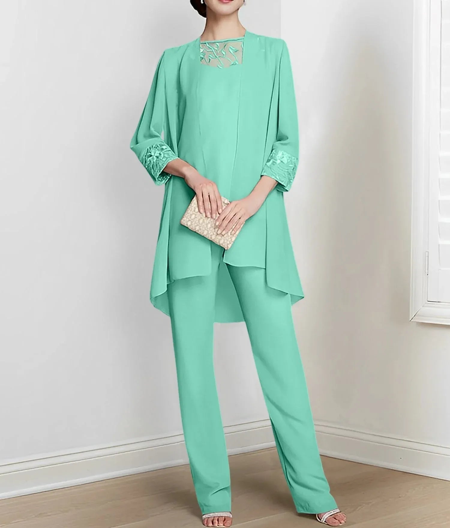 Chiffon Long Sleeves Mother Of The Bride Pantsuits With Jacket