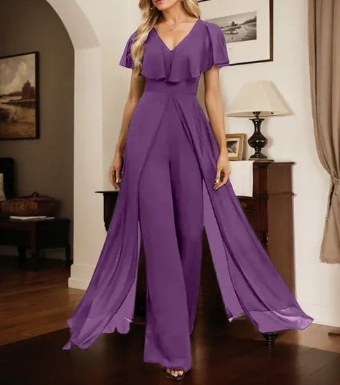 Jumpsuit/Pantsuit V-Neck Floor-Length Chiffon Evening Dress