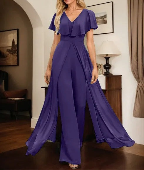 Jumpsuit/Pantsuit V-Neck Floor-Length Chiffon Evening Dress