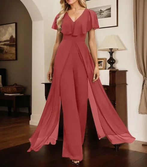 Jumpsuit/Pantsuit V-Neck Floor-Length Chiffon Evening Dress