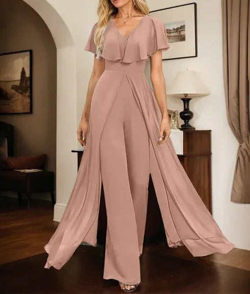 Jumpsuit/Pantsuit V-Neck Floor-Length Chiffon Evening Dress