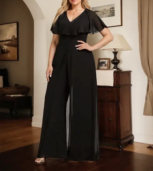 Jumpsuit/Pantsuit V-Neck Floor-Length Chiffon Evening Dress