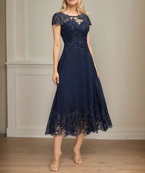 A-line Illusion Scoop Tea-Length Lace Chiffon Mother of the Bride Dress With Sequins