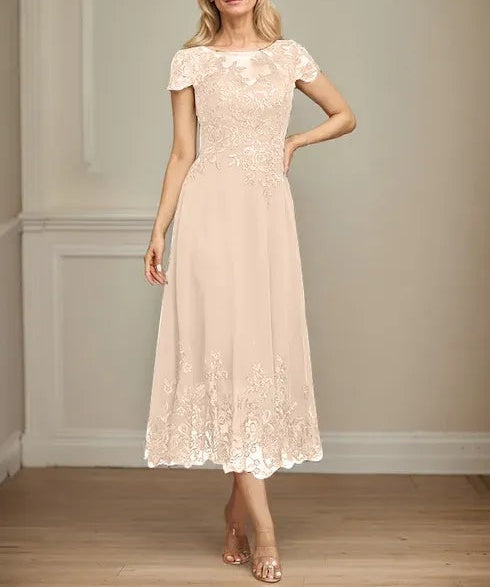 A-line Illusion Scoop Tea-Length Lace Chiffon Mother of the Bride Dress With Sequins