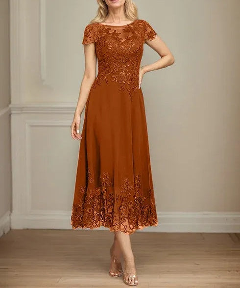 A-line Illusion Scoop Tea-Length Lace Chiffon Mother of the Bride Dress With Sequins