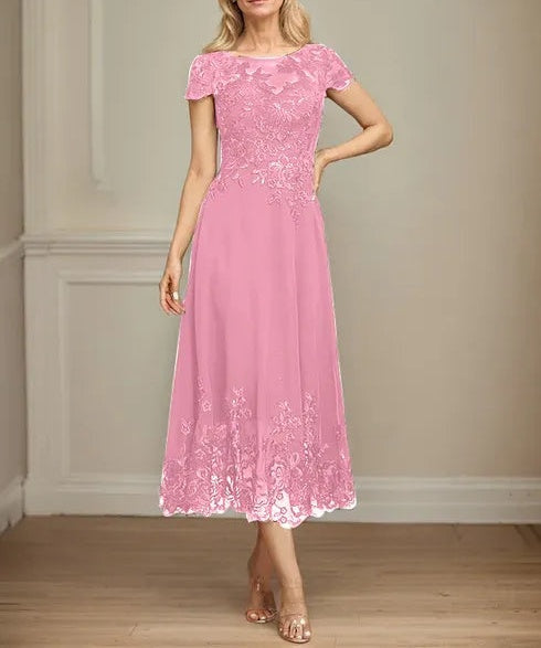 A-line Illusion Scoop Tea-Length Lace Chiffon Mother of the Bride Dress With Sequins