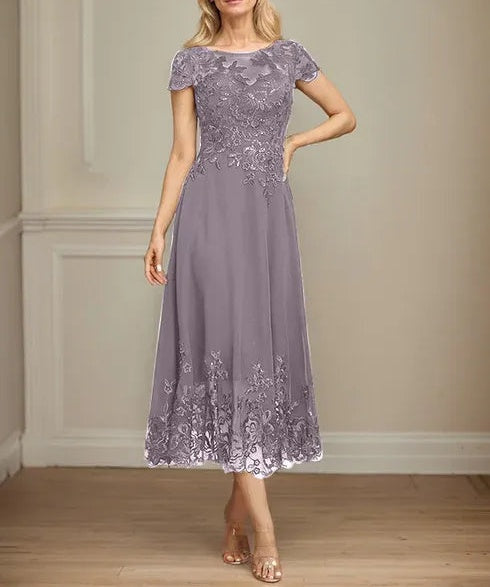 A-line Illusion Scoop Tea-Length Lace Chiffon Mother of the Bride Dress With Sequins