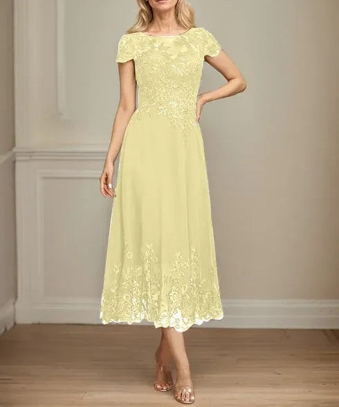 A-line Illusion Scoop Tea-Length Lace Chiffon Mother of the Bride Dress With Sequins