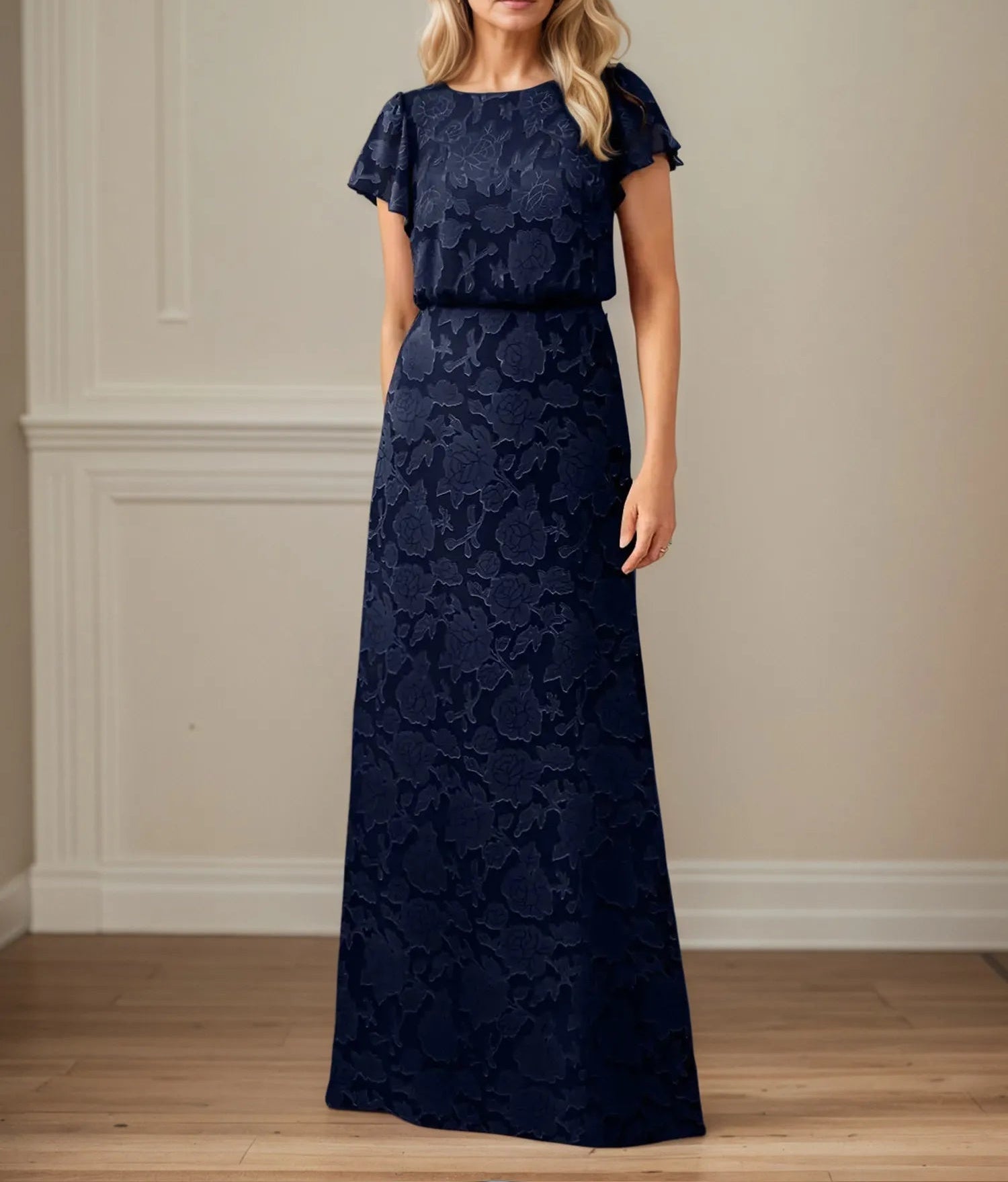 A Line Boat Neck Short Sleeve Floral Burnout Mother of the Bride Dress