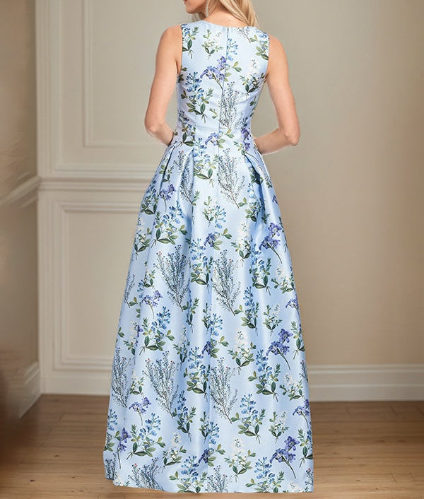 A-Line V-Neck Light Blue Floral Mother of the Bride Dress