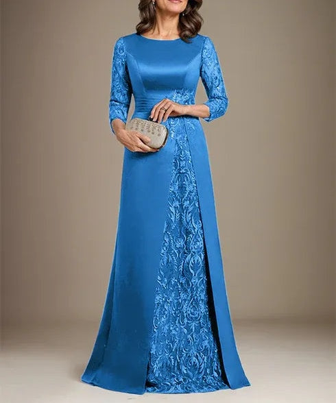 A-Line Scoop Floor-Length Lace Satin Mother Of the Bride Dress With Applique
