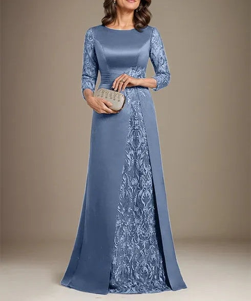 A-Line Scoop Floor-Length Lace Satin Mother Of the Bride Dress With Applique