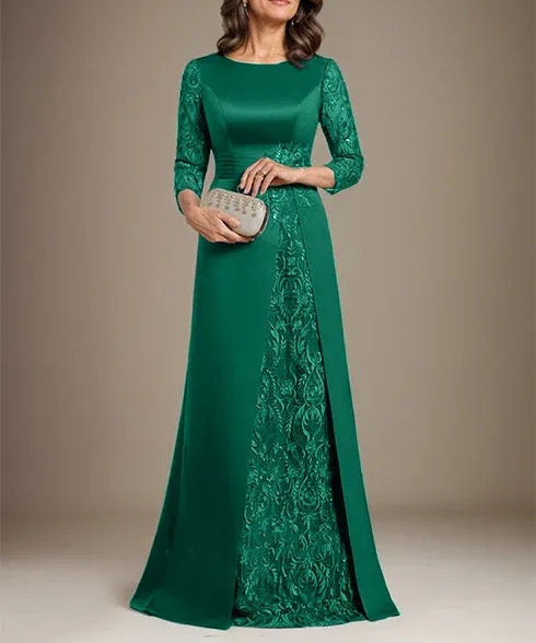 A-Line Scoop Floor-Length Lace Satin Mother Of the Bride Dress With Applique