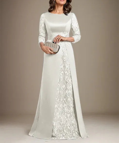 A-Line Scoop Floor-Length Lace Satin Mother Of the Bride Dress With Applique