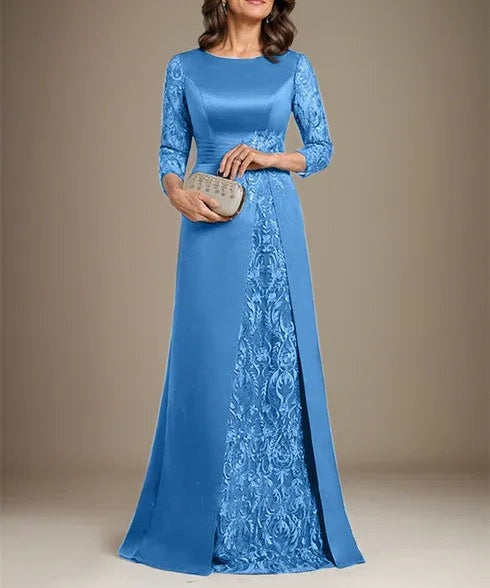 A-Line Scoop Floor-Length Lace Satin Mother Of the Bride Dress With Applique