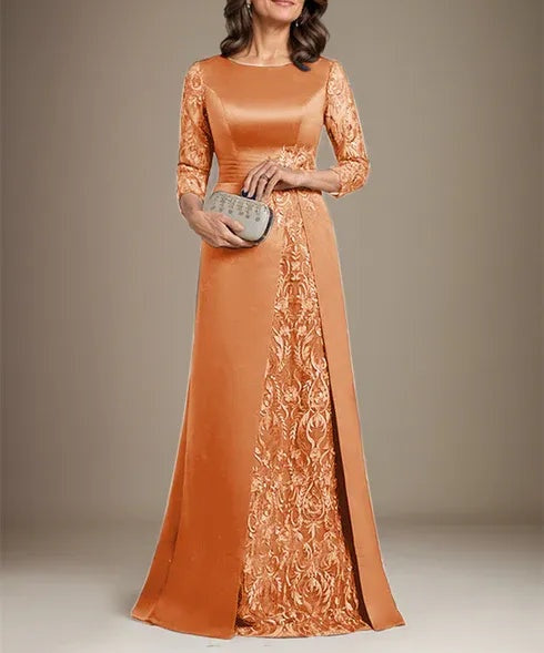 A-Line Scoop Floor-Length Lace Satin Mother Of the Bride Dress With Applique