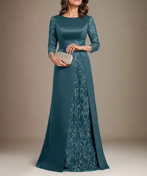 A-Line Scoop Floor-Length Lace Satin Mother Of the Bride Dress With Applique