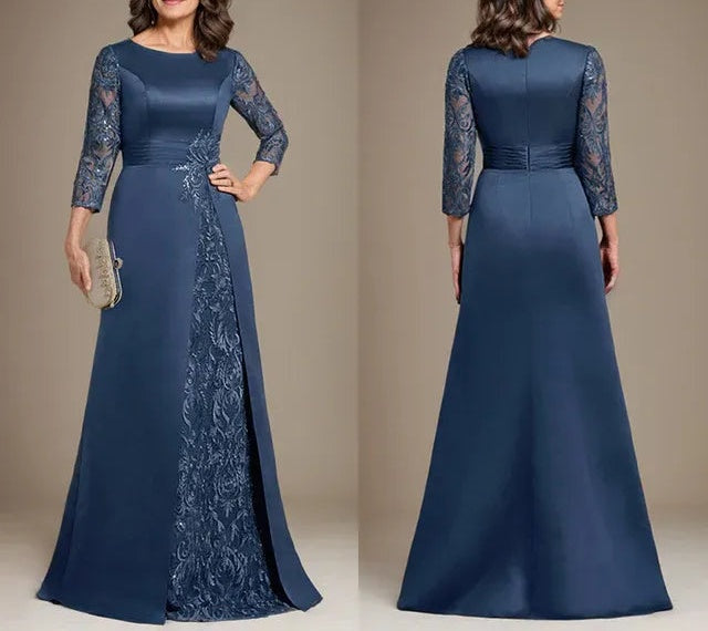 A-Line Scoop Floor-Length Lace Satin Mother Of the Bride Dress With Applique