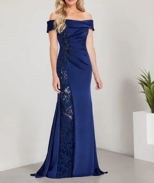 A-Line Off the Shoulder Floor-Length Mother of the Bride Dress Applique Beadings Mermaid Dress With  High Split