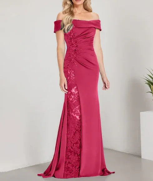 A-Line Off the Shoulder Floor-Length Mother of the Bride Dress Applique Beadings Mermaid Dress With  High Split