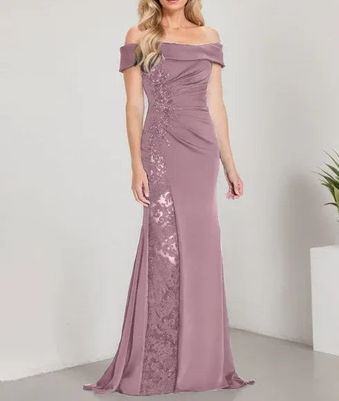 A-Line Off the Shoulder Floor-Length Mother of the Bride Dress Applique Beadings Mermaid Dress With  High Split
