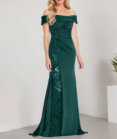 A-Line Off the Shoulder Floor-Length Mother of the Bride Dress Applique Beadings Mermaid Dress With  High Split