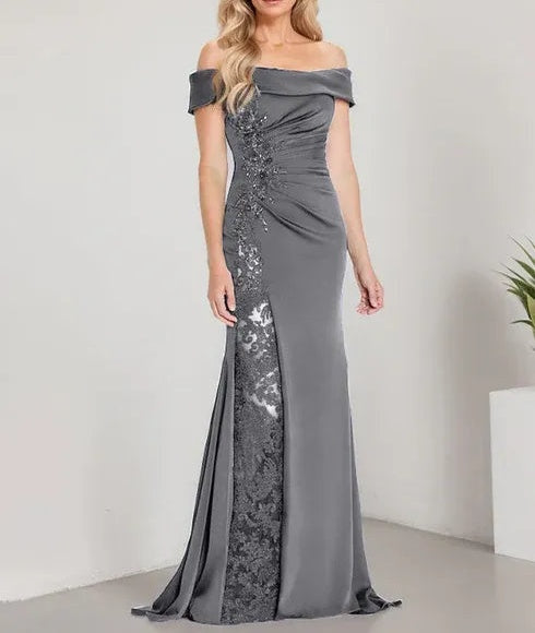 A-Line Off the Shoulder Floor-Length Mother of the Bride Dress Applique Beadings Mermaid Dress With  High Split