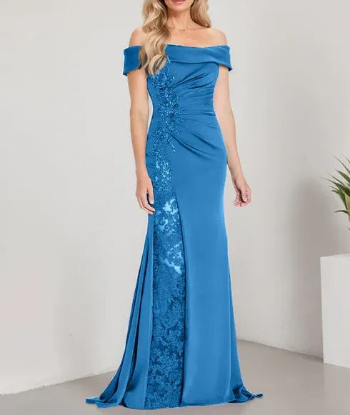 A-Line Off the Shoulder Floor-Length Mother of the Bride Dress Applique Beadings Mermaid Dress With  High Split
