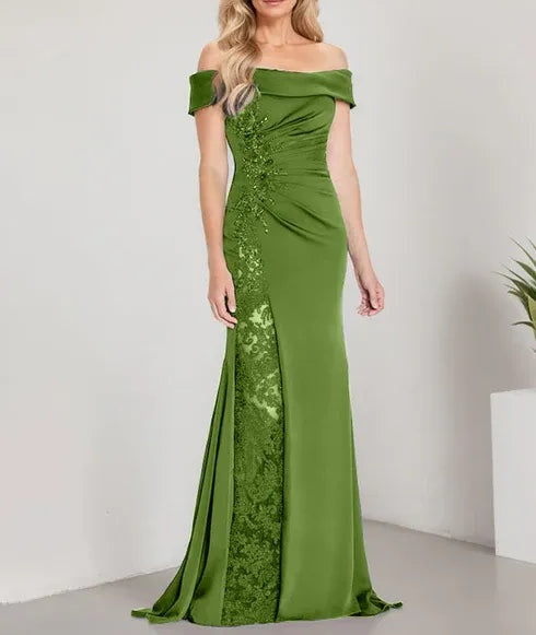 A-Line Off the Shoulder Floor-Length Mother of the Bride Dress Applique Beadings Mermaid Dress With  High Split