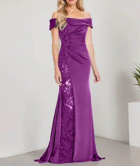 A-Line Off the Shoulder Floor-Length Mother of the Bride Dress Applique Beadings Mermaid Dress With  High Split