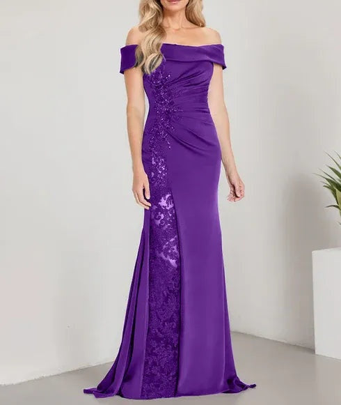 A-Line Off the Shoulder Floor-Length Mother of the Bride Dress Applique Beadings Mermaid Dress With  High Split
