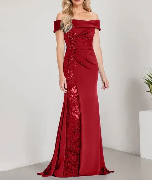 A-Line Off the Shoulder Floor-Length Mother of the Bride Dress Applique Beadings Mermaid Dress With  High Split