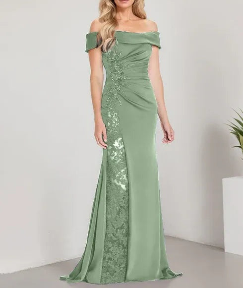 A-Line Off the Shoulder Floor-Length Mother of the Bride Dress Applique Beadings Mermaid Dress With  High Split