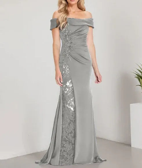 A-Line Off the Shoulder Floor-Length Mother of the Bride Dress Applique Beadings Mermaid Dress With  High Split