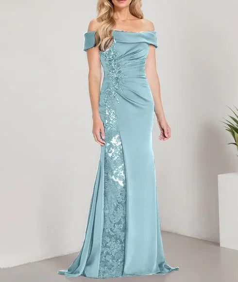 A-Line Off the Shoulder Floor-Length Mother of the Bride Dress Applique Beadings Mermaid Dress With  High Split