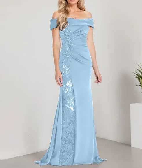 A-Line Off the Shoulder Floor-Length Mother of the Bride Dress Applique Beadings Mermaid Dress With  High Split