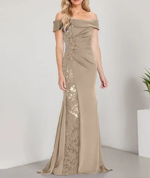 A-Line Off the Shoulder Floor-Length Mother of the Bride Dress Applique Beadings Mermaid Dress With  High Split