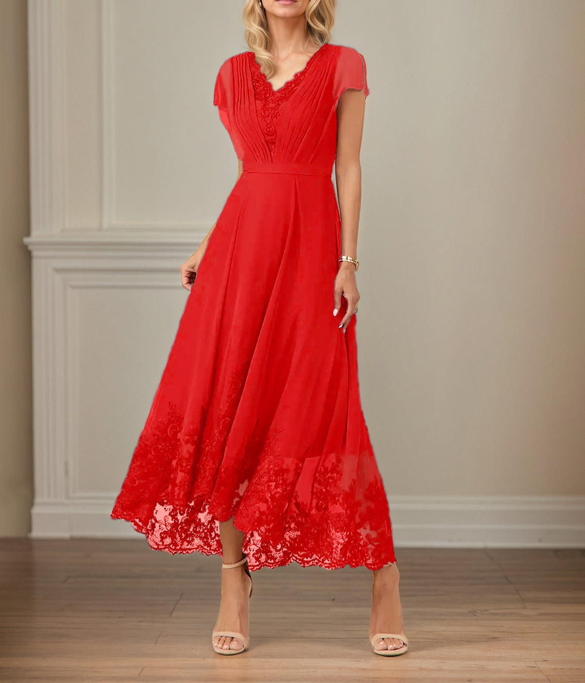 A Line V Neck Flutter Sleeve Ankle Length Chiffon Dress With Appliques