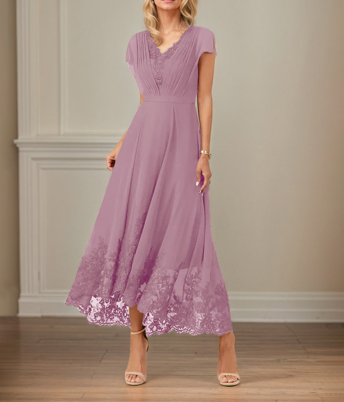 A Line V Neck Flutter Sleeve Ankle Length Chiffon Dress With Appliques